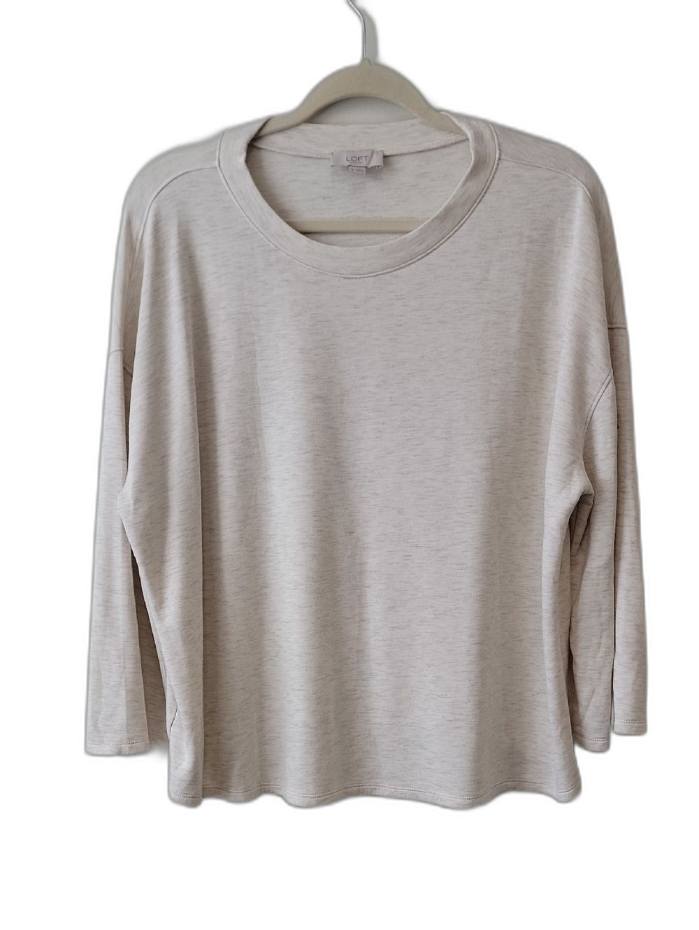 LOFT Boxy Crop Light Cream Heathered Long Sleeve Top